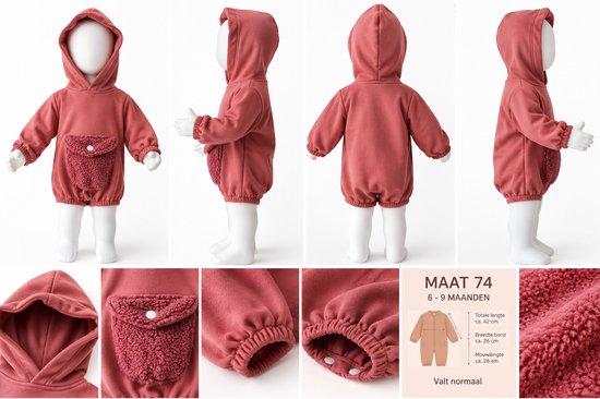 Overzicht van roze baby-romper met capuchon, teddyzak en maattabel voor 6-9 maanden (maat 74).