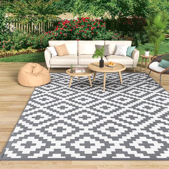 Geometrisch buitentapijt voor terras, 182 x 274 cm, omkeerbaar en gemakkelijk schoon te maken, draagbare en comfortabele geweven tuinmat