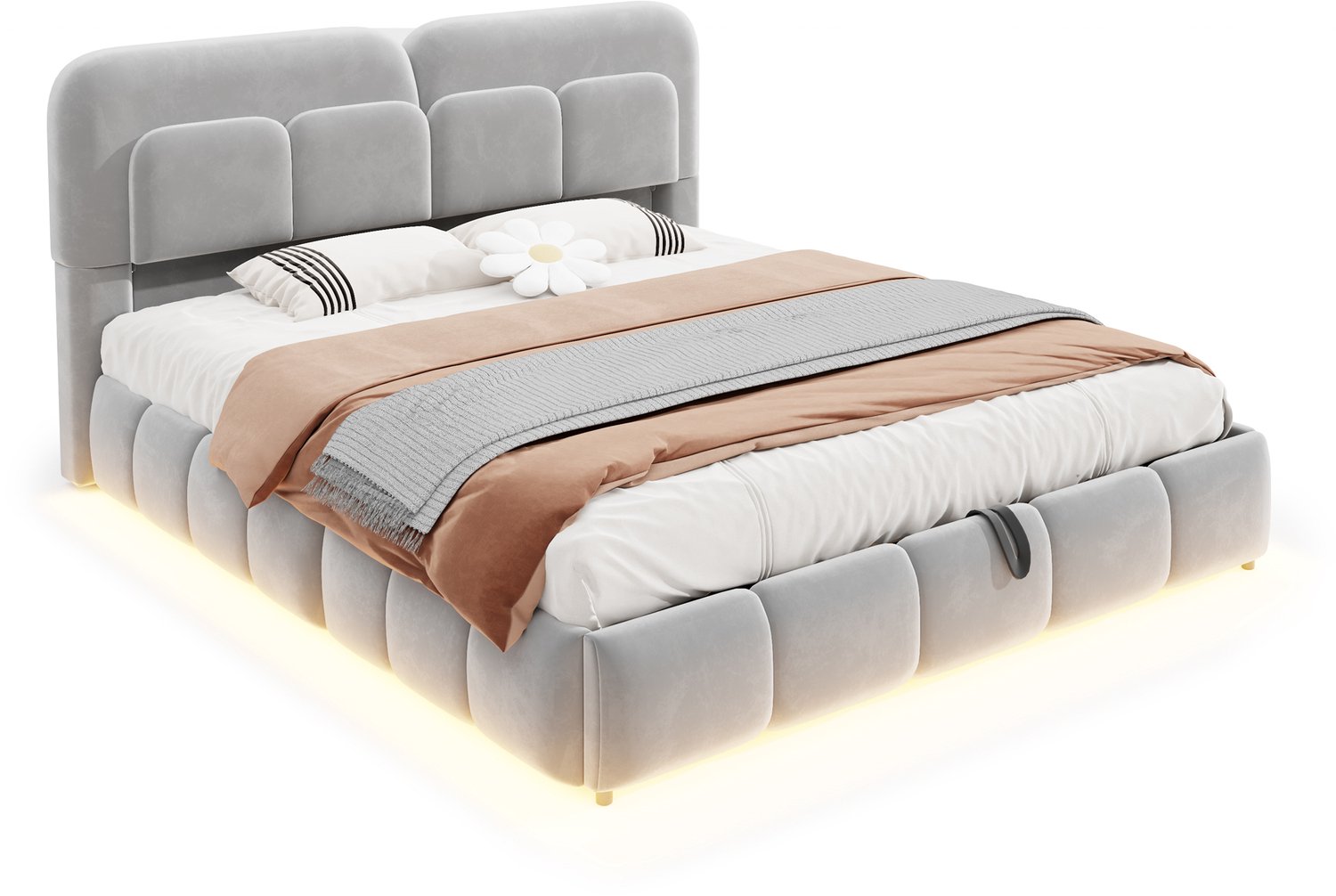 MUVANO Gestoffeerd bed 140x200 cm - Tweepersoonsbed met opbergruimte en ledverlichting - Hydraulisch liftsysteem - Fluweel - Slaapkamer - Grijs