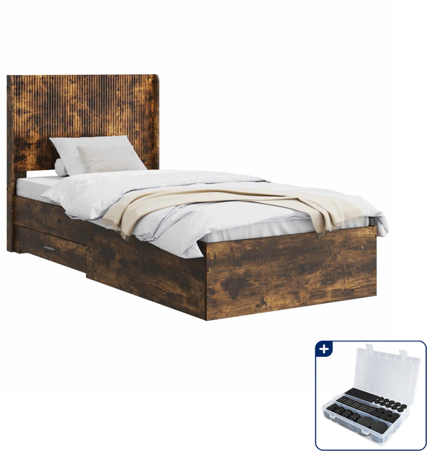 vidaXL bedframe 90 x 190 cm met opbergruimte - bewerkt hout - gerookt eiken - Inclusief antikrasvilt 177-delig Bruin