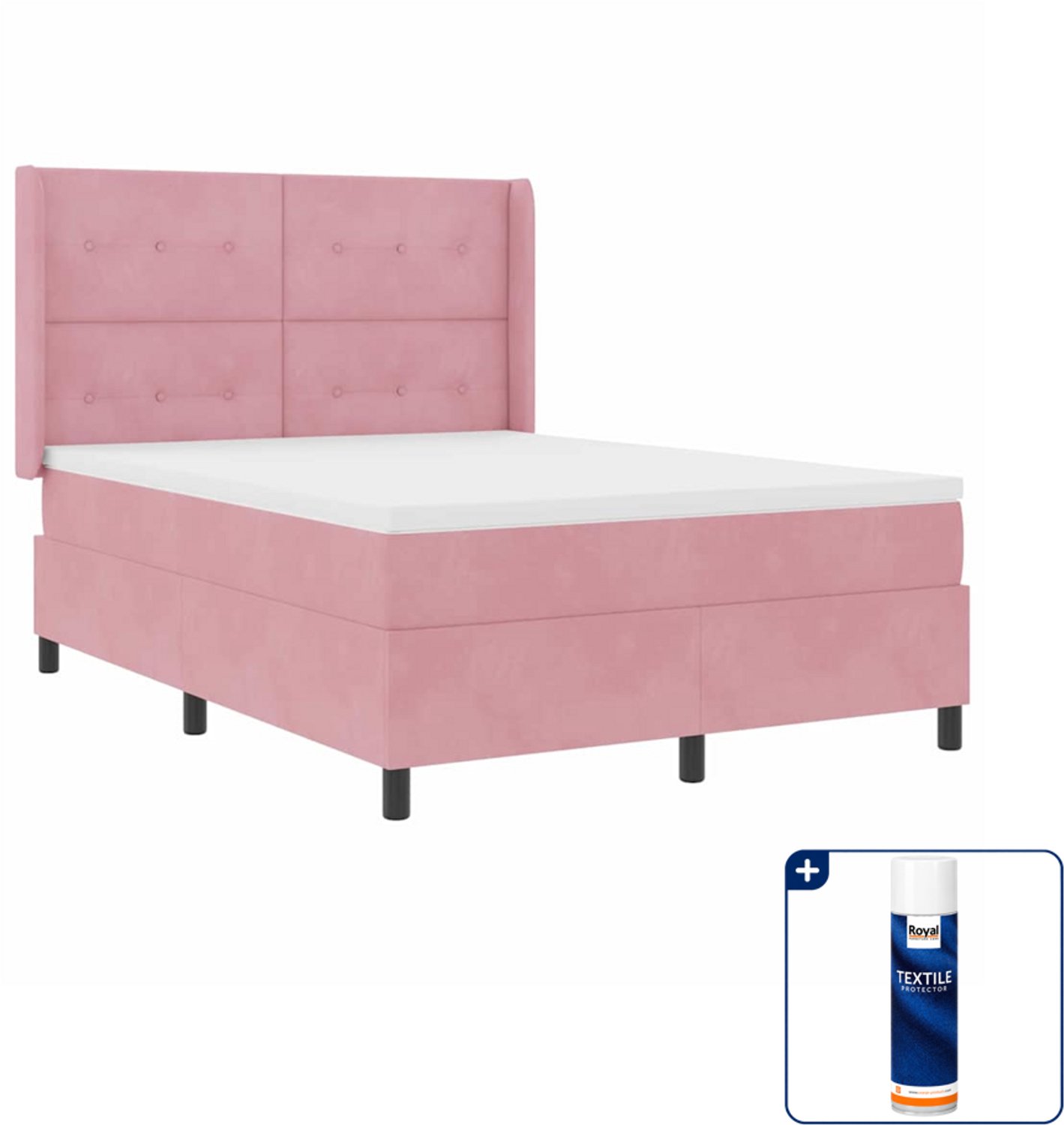 vidaXL boxspringbed - 140 x 190 cm - fluweel - roze - Inclusief textielbeschermer 500 ml