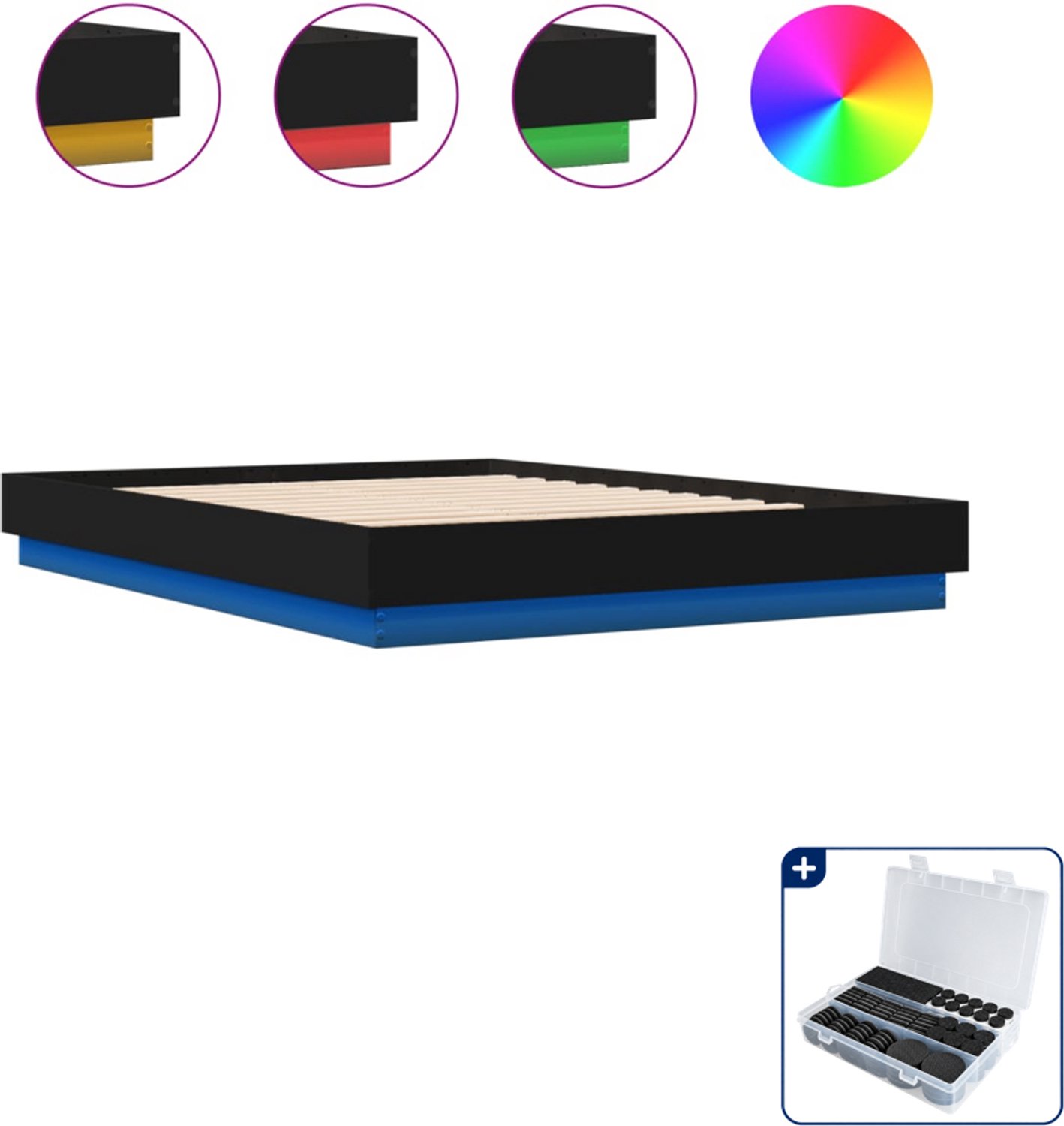 vidaXL bedframe met LED - 150 x 200 cm - zwart - Inclusief antikrasvilt 177-delig Blauw
