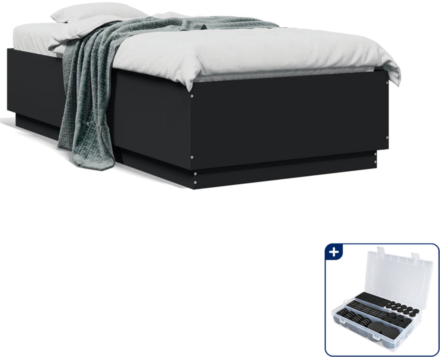 vidaXL bedframe - 90 x 190 cm - bewerkt hout - zwart - Inclusief antikrasvilt 177-delig Grijs