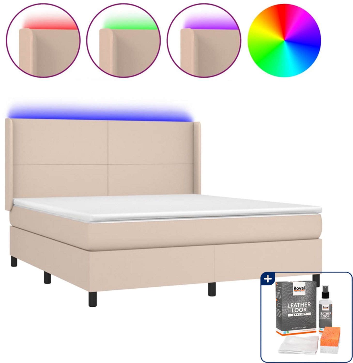 vidaXL boxspring met matras en LED - Kingsize - 180x200 cm - cappuccino - Inclusief onderhoudsset voor kunstleer 150 ml Bruin