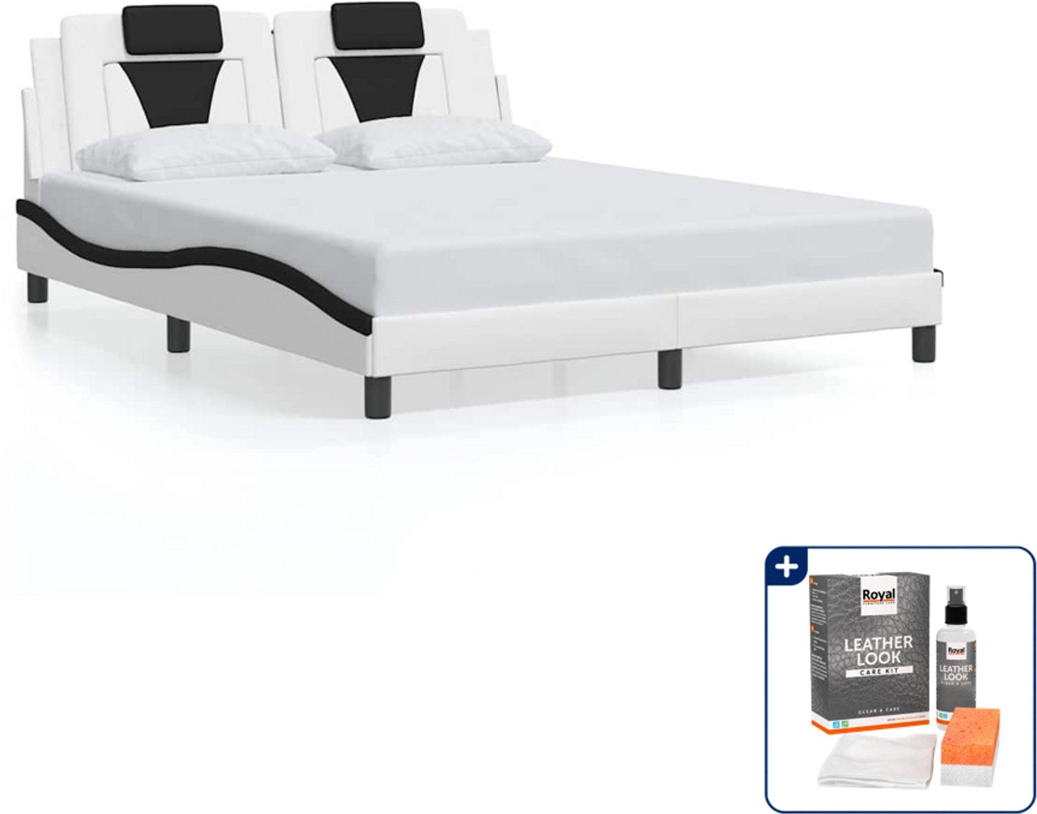 vidaXL Viana bedframe - Queensize - 160 x 200 cm - zwart en wit - Inclusief onderhoudsset voor kunstleer 150 ml Bruin
