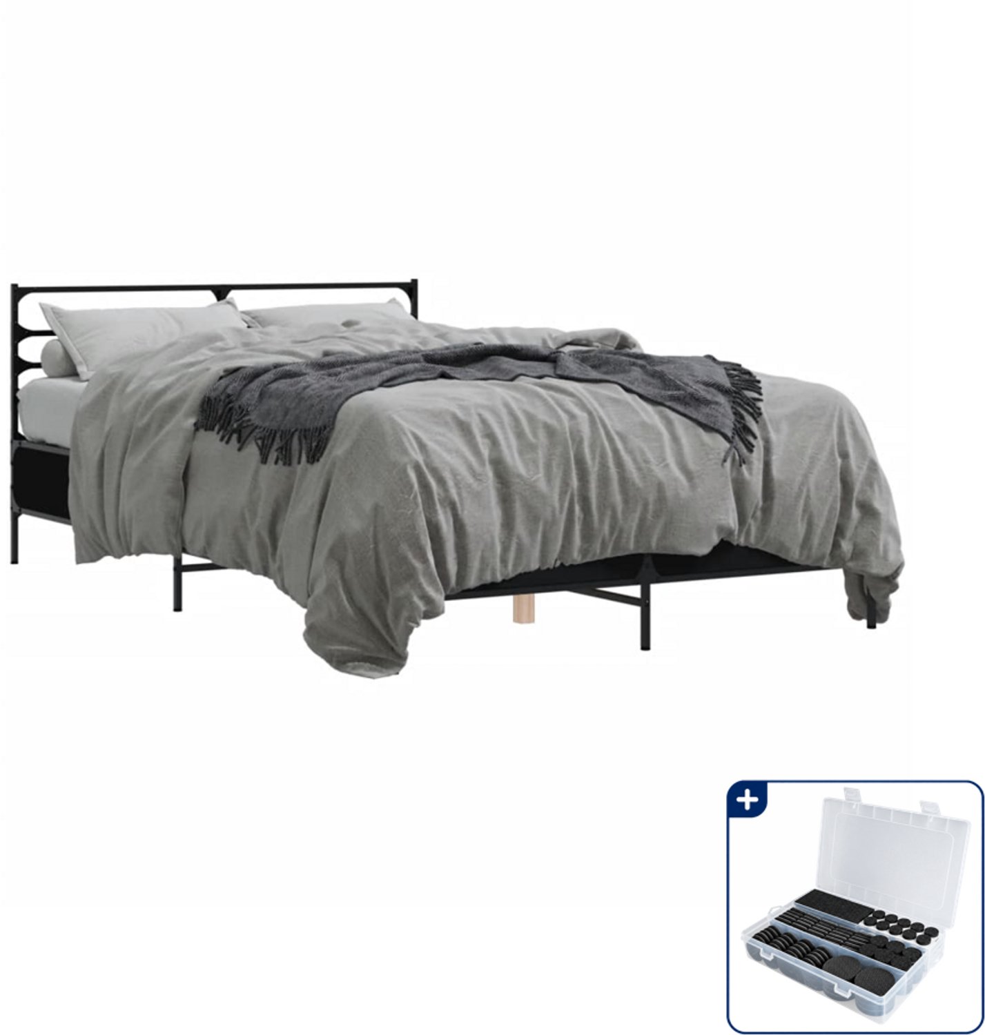 vidaXL Bedframe - 135 x 190 cm - bewerkt hout en metaal - zwart - Inclusief antikrasvilt 177-delig Bruin