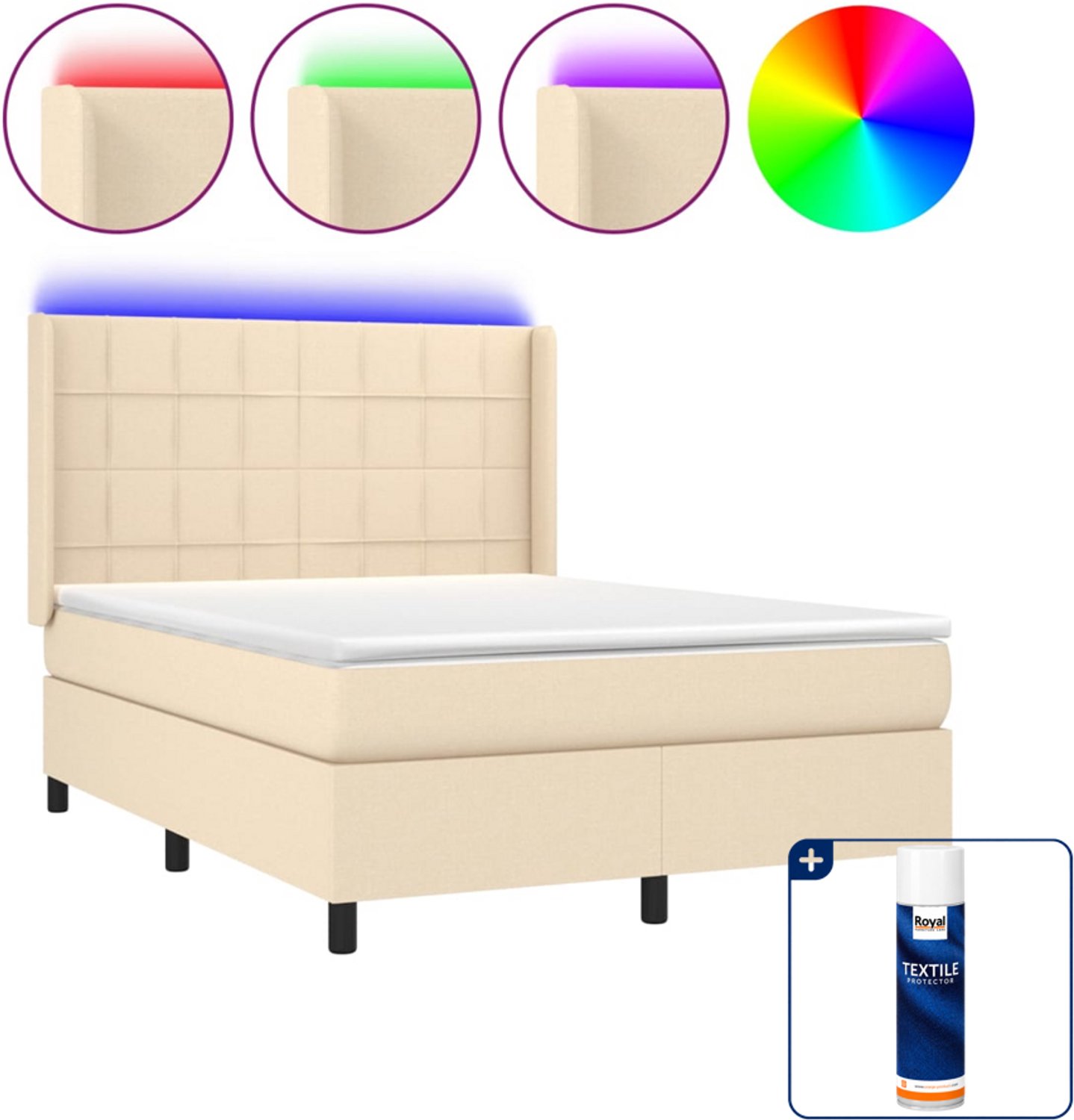 vidaXL boxspring met matras en led - 140 x 190 cm - crème - Inclusief textielbeschermer 500 ml