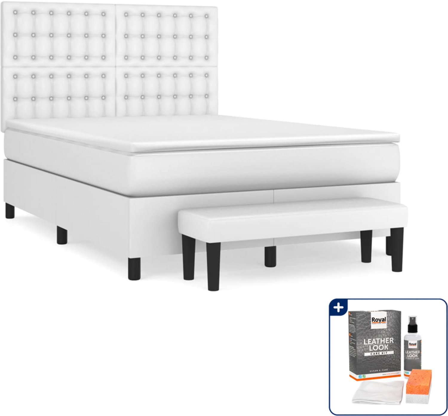 vidaXL Boxspring met matras - Small double - 140 x 200 cm - wit - Inclusief onderhoudsset voor kunstleer 150 ml
