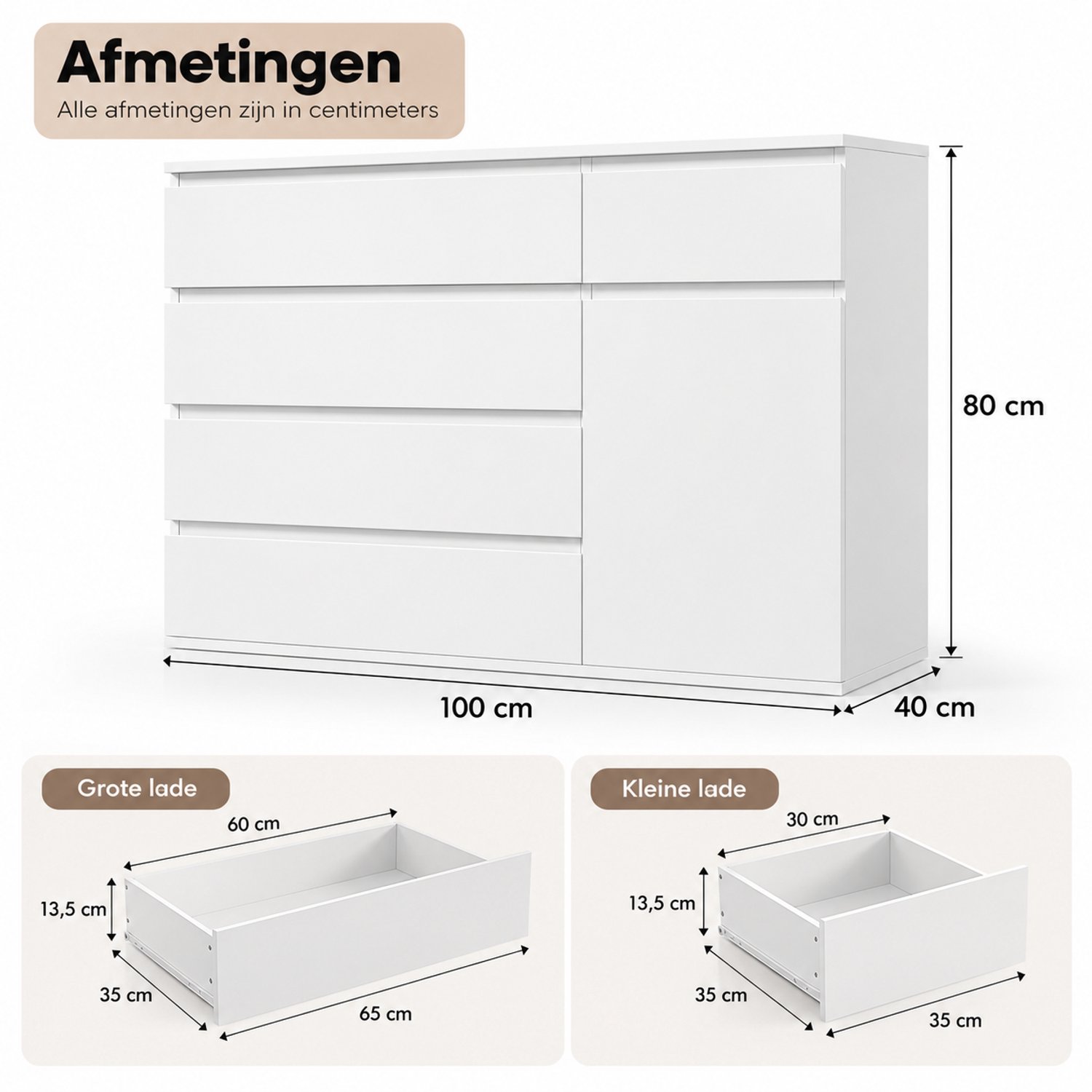 DPLUNIQ Ladekast - Kast - Opbergkast - Ladenkastje - 100x80x40 - 5 Lades - 4 Niveaus - Hout - Modern - Multifunctioneel - Wit