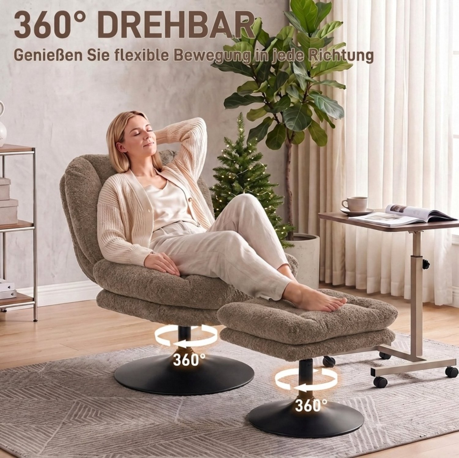 DESMIU Draaifauteuil Met Hocker 72 x 92 x 90 cm - 360 Graden Draaibaar En In Hoogte Verstelbare Hocker - Voor Slaapkamer - Fluweel - Bruin