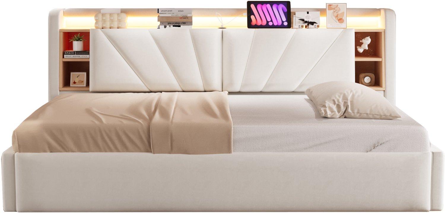 MUVANO Slaapbank 90x200 met opbergruimte - Eenpersoonsbed met lattenbodem - Fluwelen bekleding - Ledverlichting en USB - Voor slaapkamer en logeerkamer - Beige