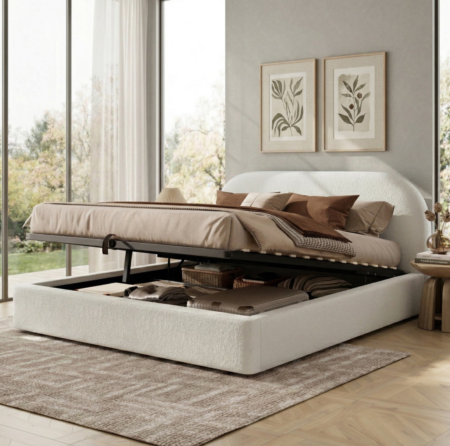 Maisentiel Gestoffeerd opbergbed 160 x 200 cm - beige bouclé - hydraulisch, met lattenbodem