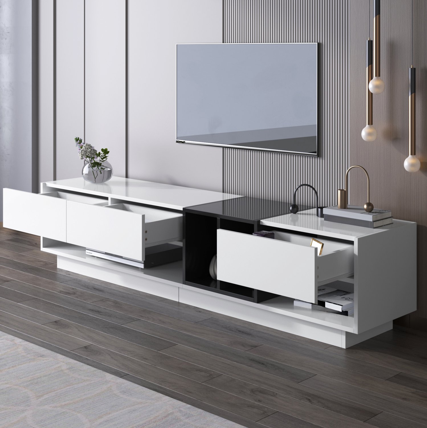 Maisentiel Tv-meubel 190 cm - zwart-wit hoogglans - 3 lades en 2 open vakken