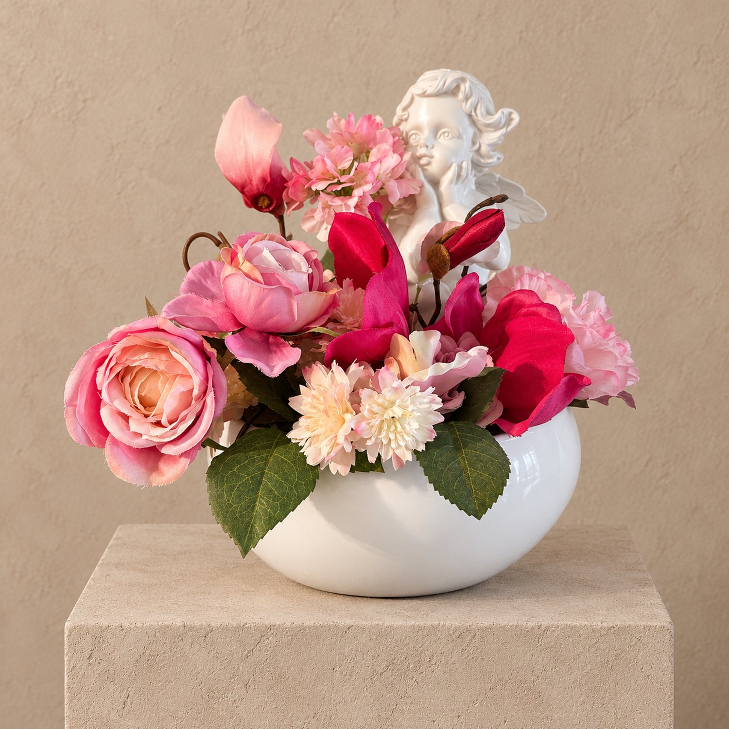 Seta Fiori Kunstbloemen - Engelenbloemstukje – 25cm - zacht roze en cerise roze wit, roze, cerise roze