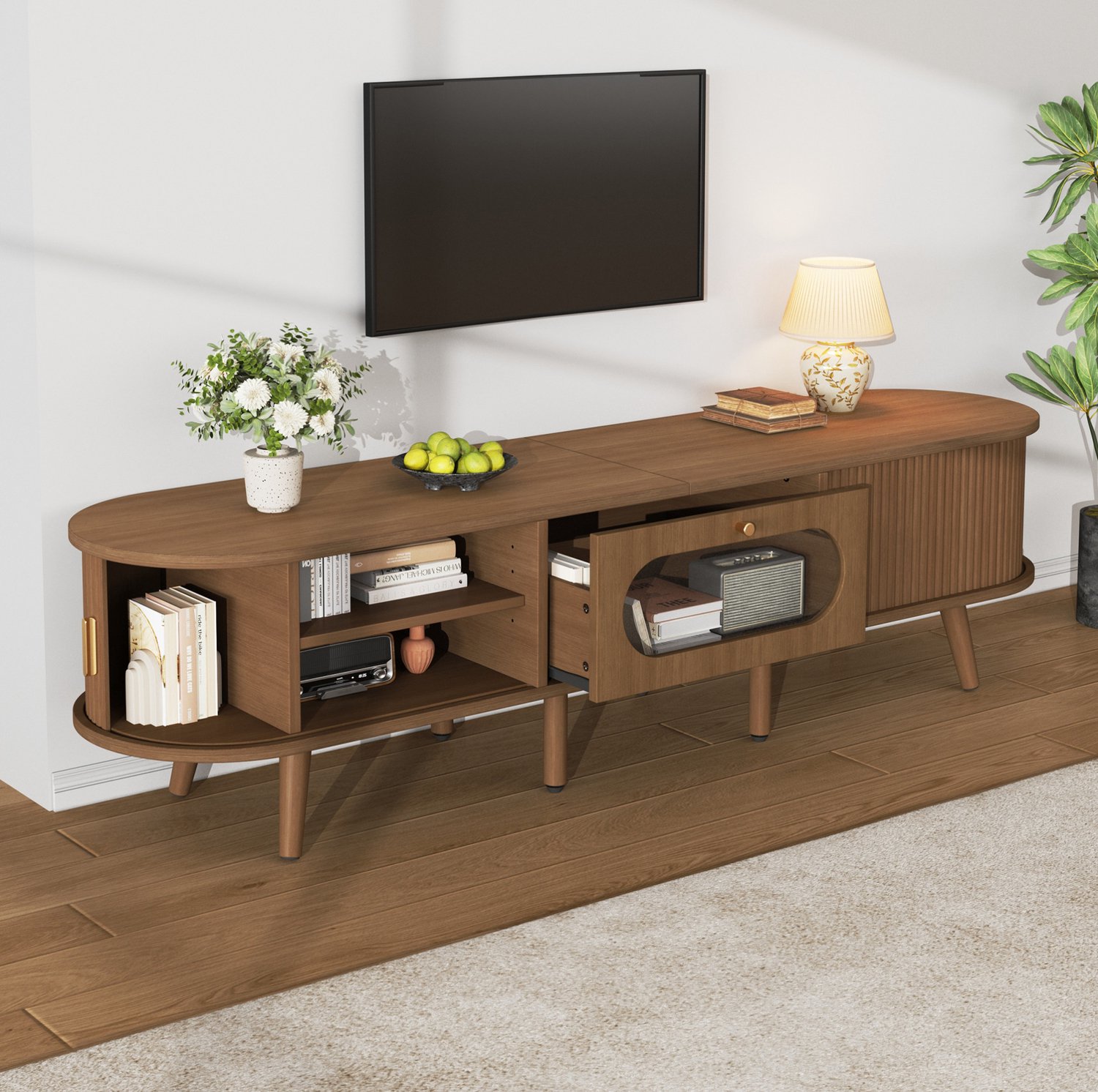 DESMIU Tv-Meubel - Twee Roldeuren En Lade - Voor Televisies Tot 70 Duim In De Woonkamer - Mdf En Acryl - 170 x 40 x 43 Cm - Walnootkleur