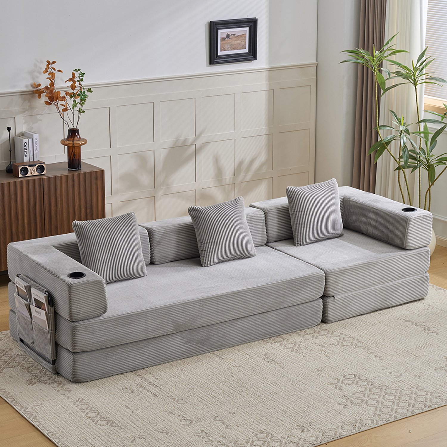 Wishdor Slaapbank - Opvouwbare vloerbank met matrasfunctie - Met armleuningen, bekerhouders en zijvak - Voor woonkamer, slaapkamer en kantoor - Ribstof - Lichtgrijs - 277,5 x 92,5 x 60 cm