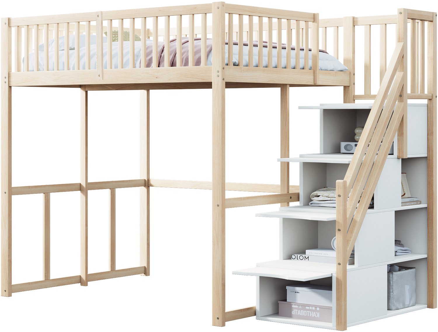 MUVANO Hoogslaper 140x200 cm - Bedframe met opbergtrap en uitvalbeveiliging - Massief grenen - 15 bedlatten - Voor kleine slaapkamers - Naturel houtkleur