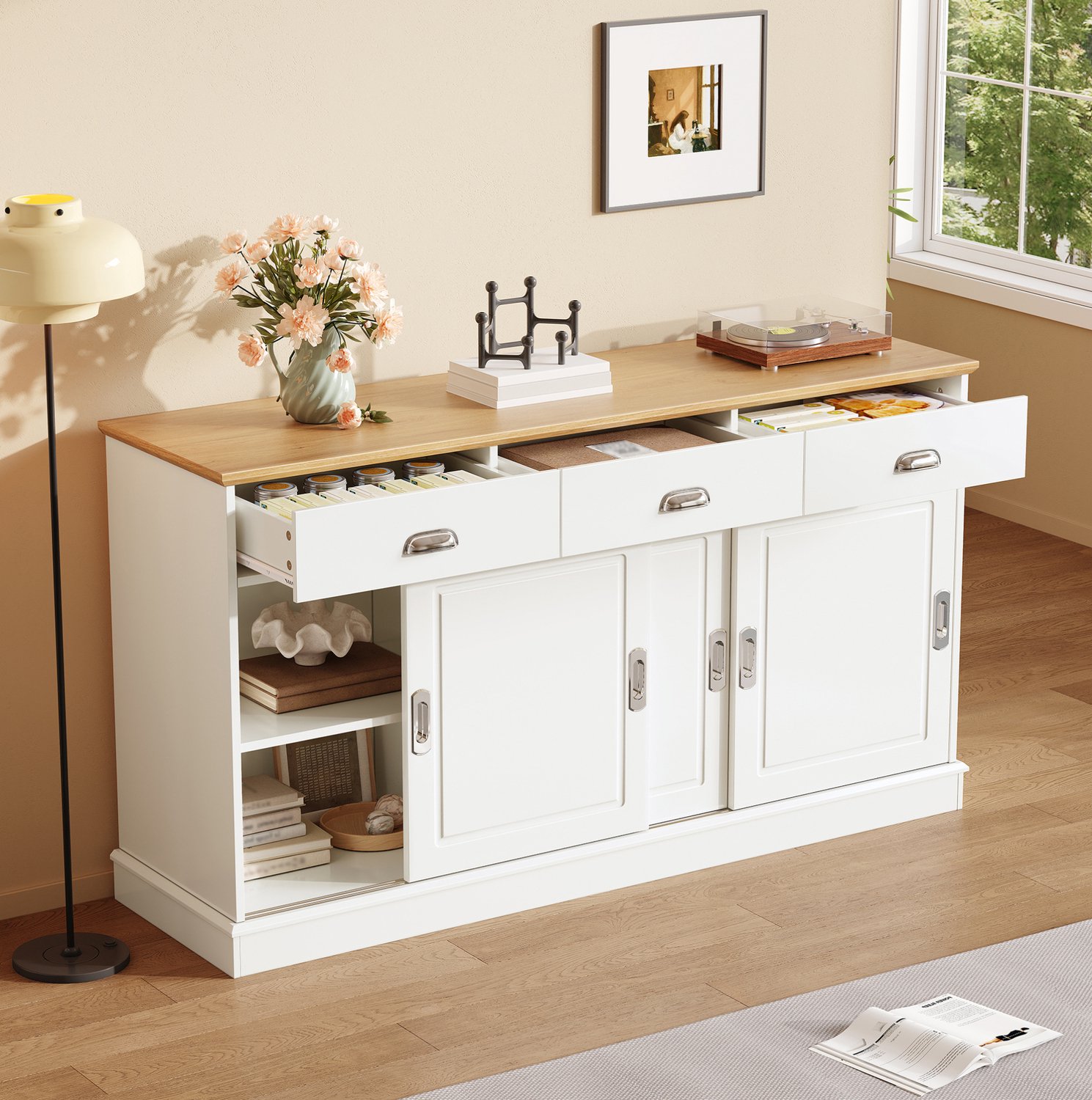 Maisentiel Wit dressoir met 3 lades en 3 schuifdeuren - 140 x 40 x 77 cm