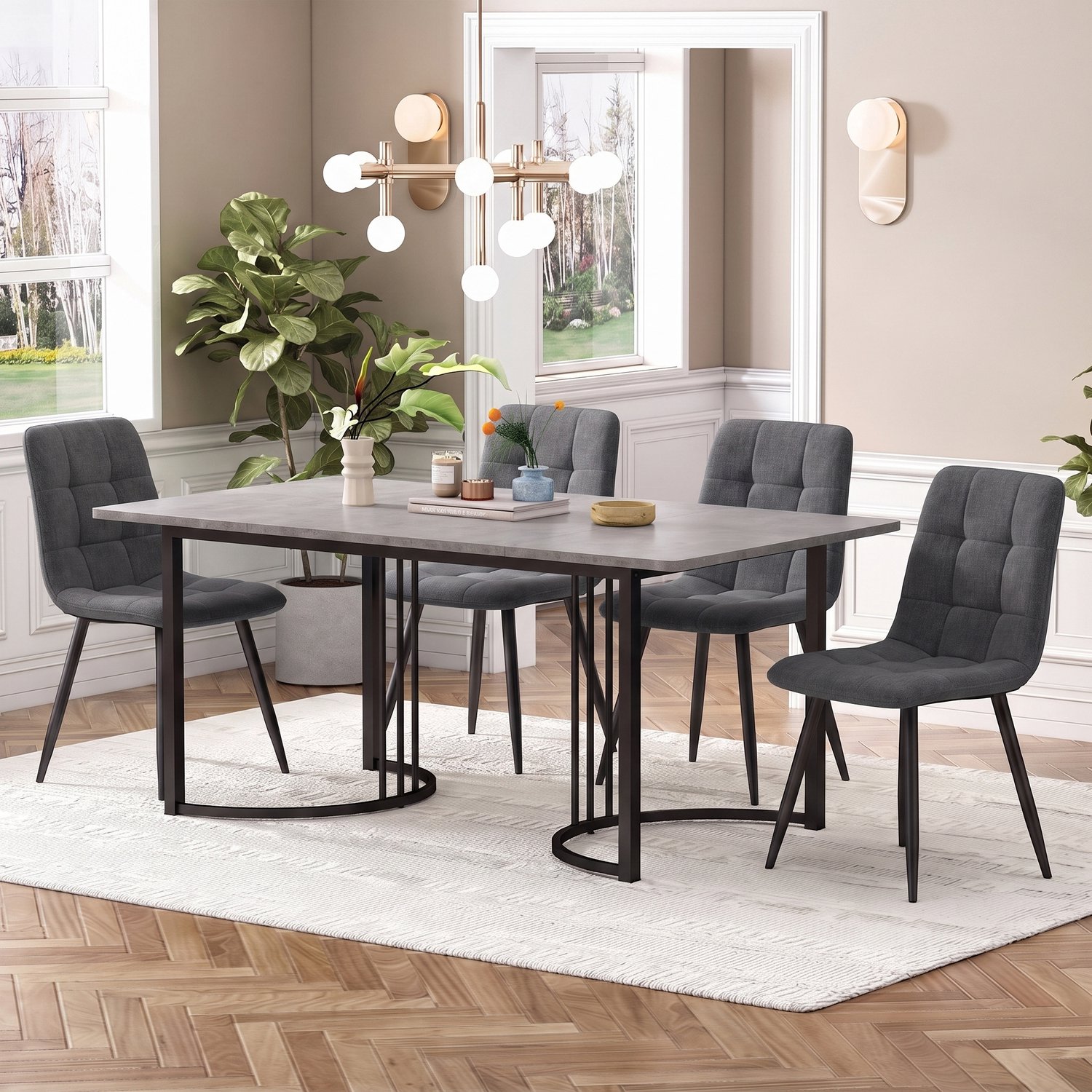 Vovtenza eetkamerset set van 5 - 140×80cm eettafel met 4 stoelen - grijs MDF - zwarte metalen poten – geschikt voor 4 personen - 46x44x86cm donkergrijs eetkamerstoel Donkergrijs+Grijs