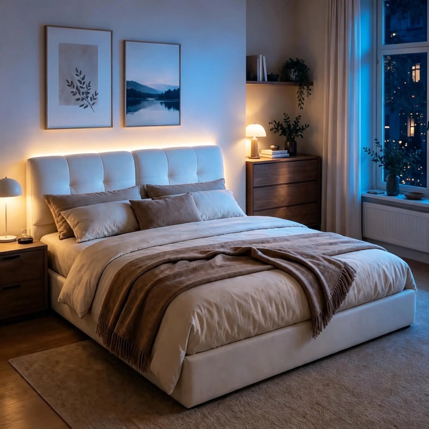 MEXUS Tweepersoonsbed 160x200 cm met LED Verlichting – Gestoffeerd Opbergbed met Hydraulische Opbergruimte, Lattenbodem en Hoofdeinde – Fluweel Beige - zonder matras
