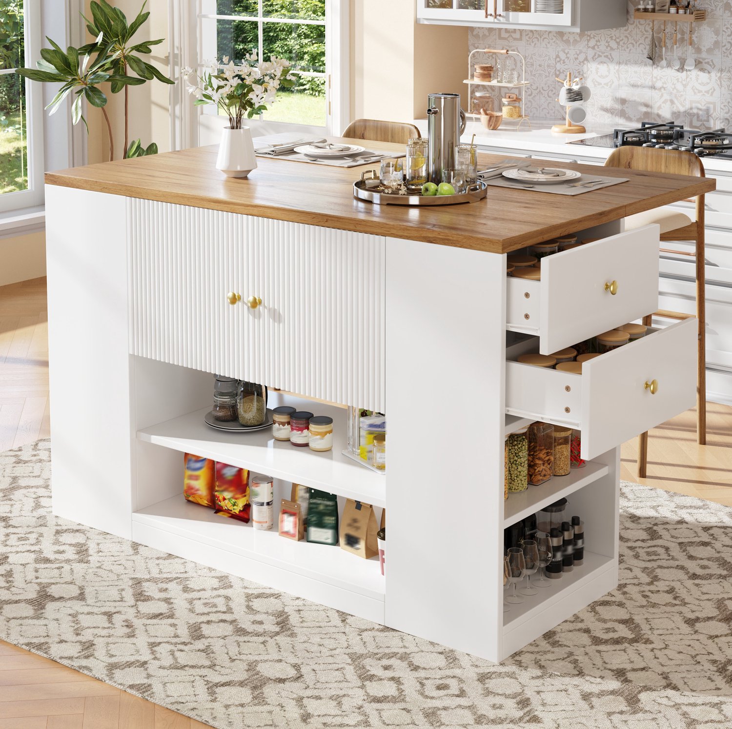 Maisentiel Wit keukeneiland met opklapbaar tafelblad, lades en legplanken Wit met houtkleurig blad