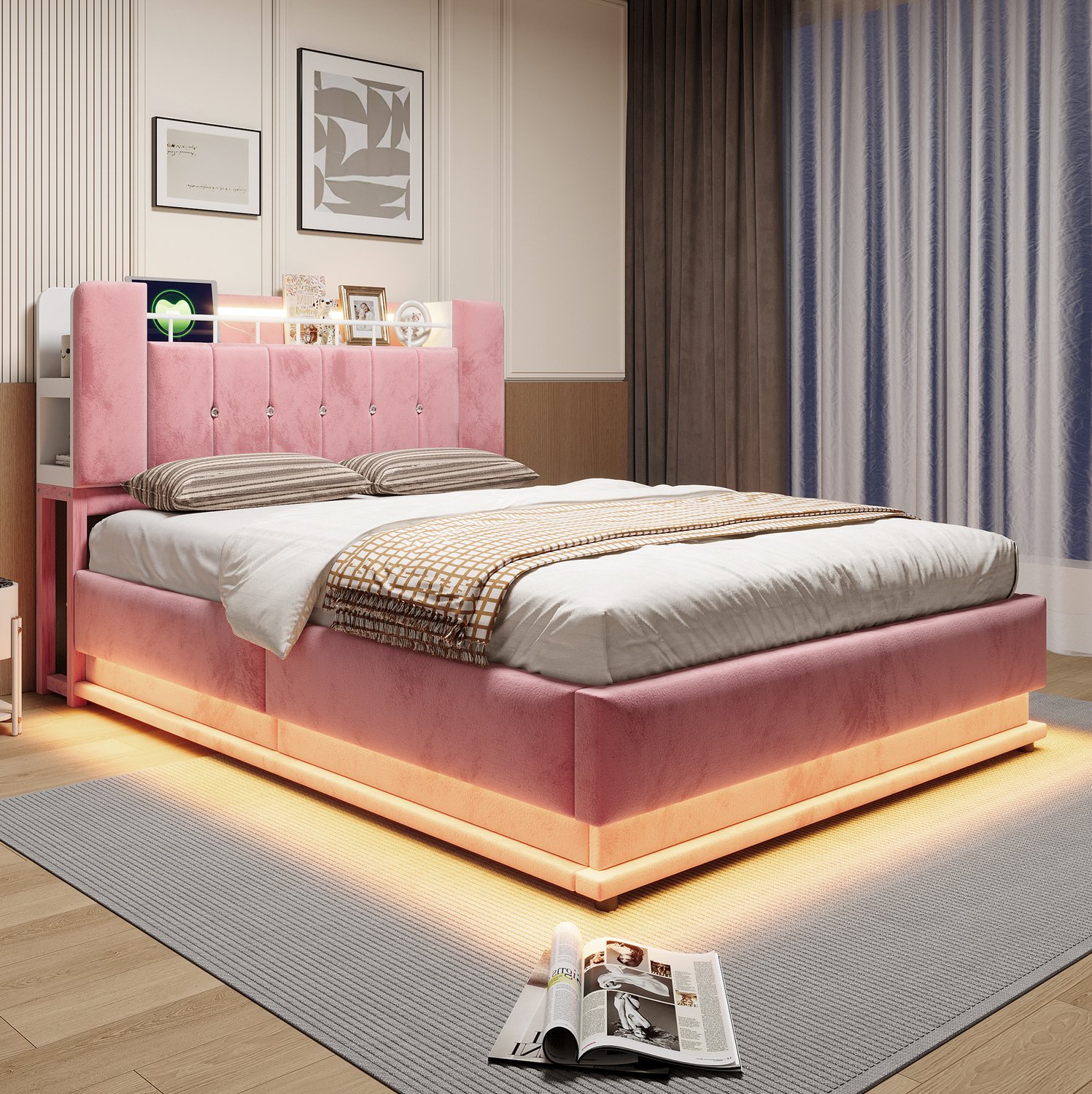 MODFU Gestoffeerd Bed - Hydraulische Opbergruimte - LED En USB - Fluweel - Roze - 140 X 200 Cm