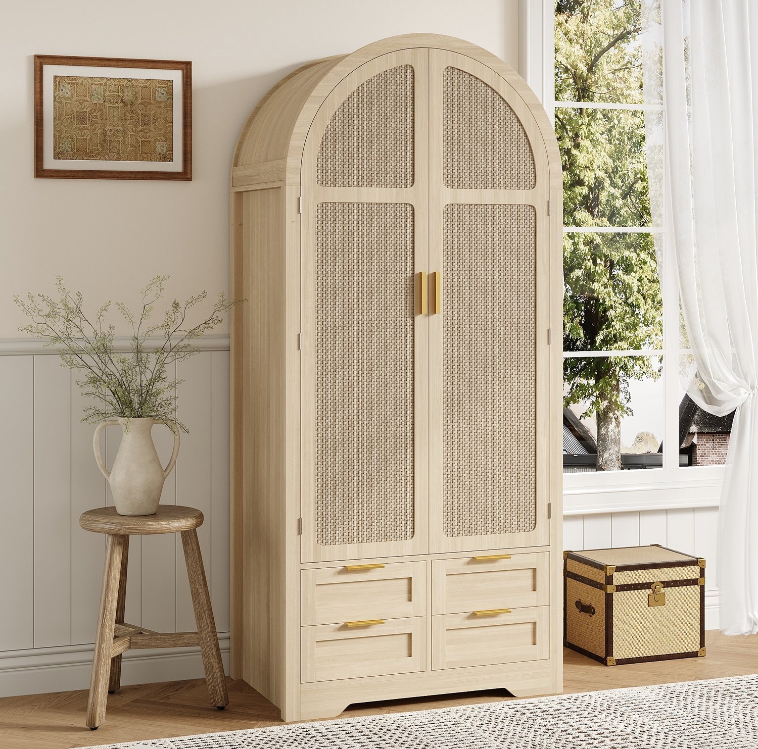 MODENUIT Kledingkast - Gebogen Rotan Deuren En Laden - Voor Slaapkamer - MDF - Eikenhoutkleur - 80x50x180 Cm