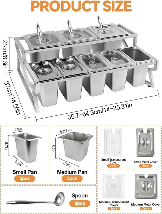 8 Pans Pizza Topping Station - Verstelbare Pizza Opslagcontainer met Deksel voor Sauzen, Jam en Fruit - Perfect voor Restaurants en Buffetten — afbeelding 5