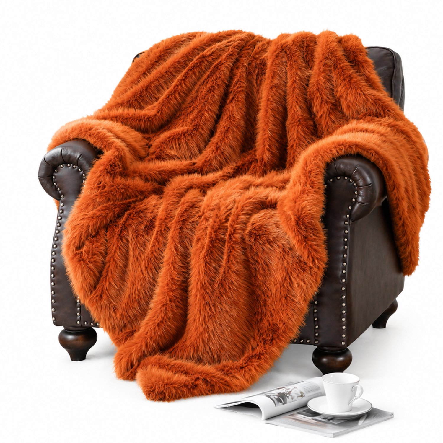 SWGOTA Oranje imitatiebont plaid 127 x 152 cm - Langharige gestreepte deken van polyester