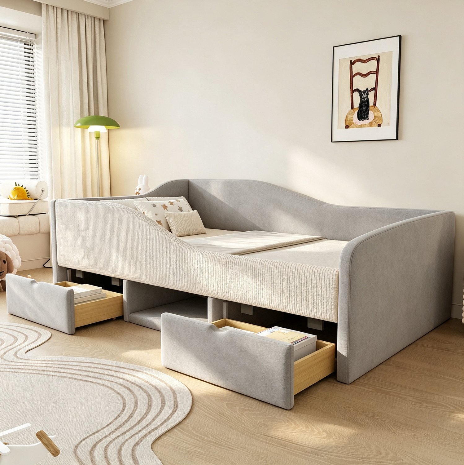 Maisentiel Kinderbed 90 x 190 cm met 2 lades en bedhekken - grijs fluweel
