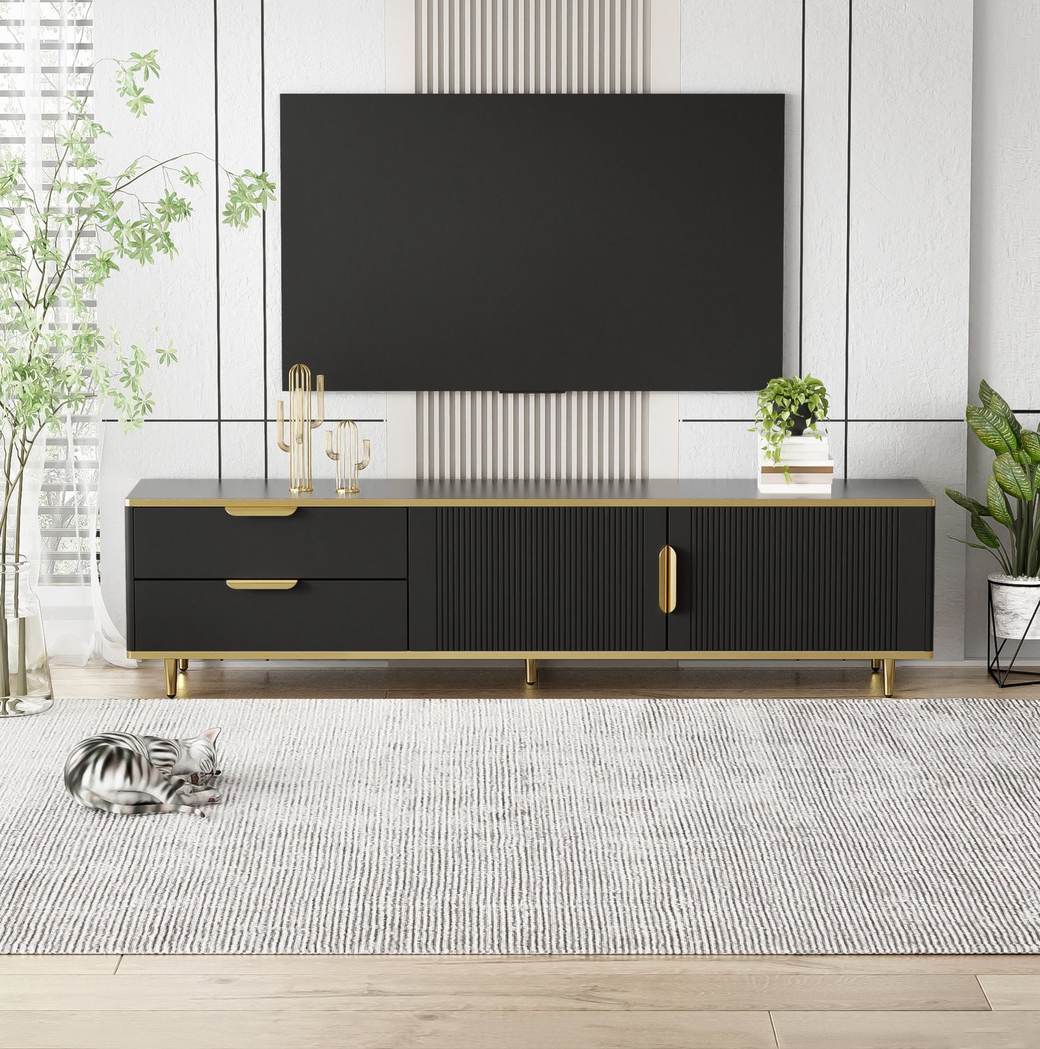 Maisentiel Tv-meubel zwart met goudkleurige details - 170 cm - 2 lades en 2 deuren Zwart en goud