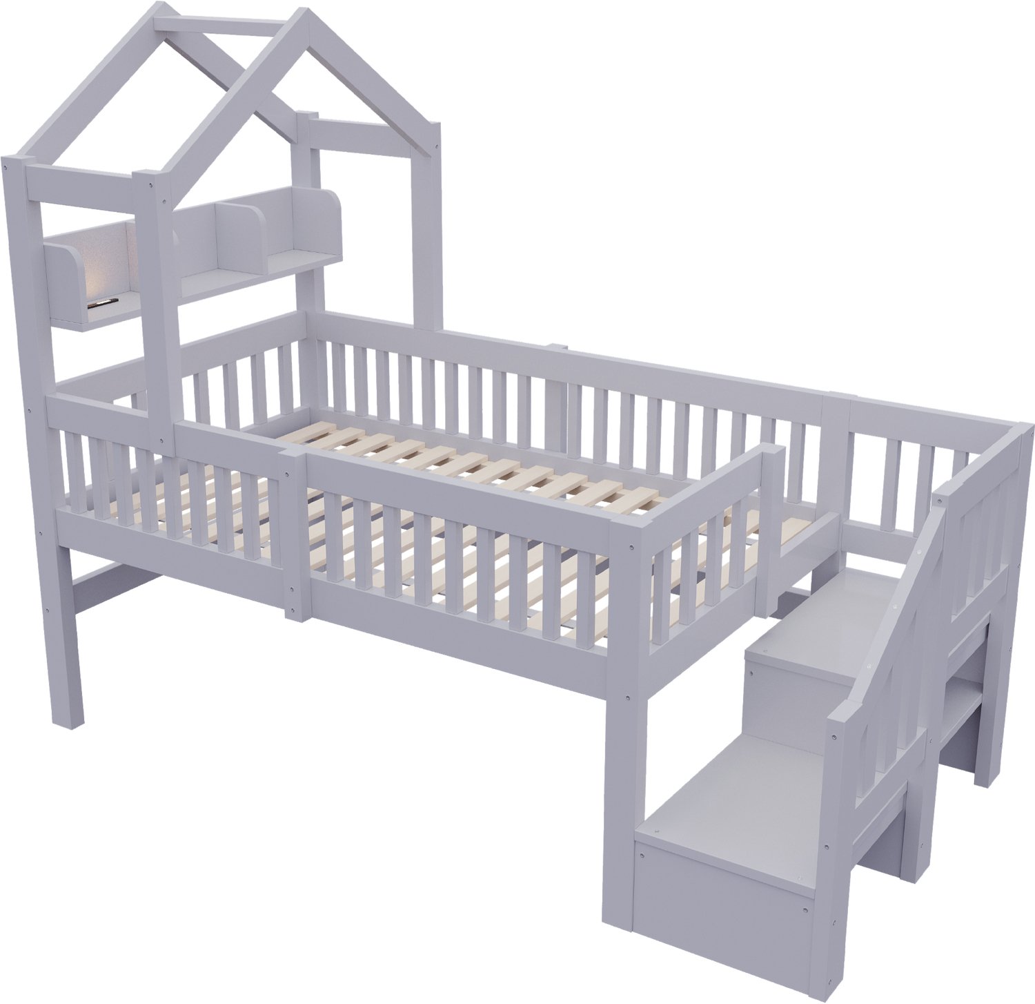 MUVANO Grijze houten halfhoogslaper 90 x 200 cm - Kinderbed met dakframe - Opbergtrap en uitvalbeveiliging - Ledverlichting en USB - Voor de kinderkamer Grijs