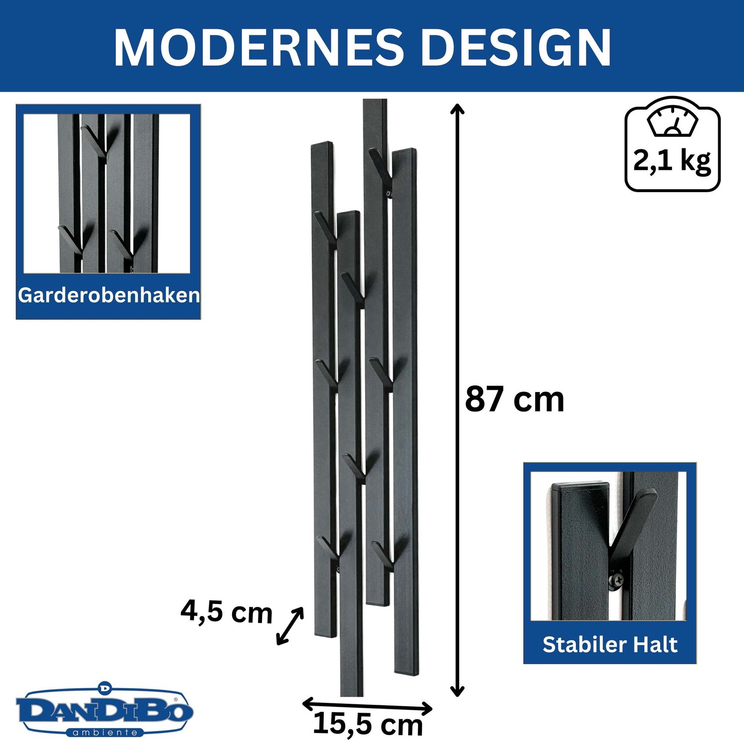 ‎DanDiBo DanDiBo Wandkapstok smal - 8 haken - Zwart metaal - 15,5 cm breed