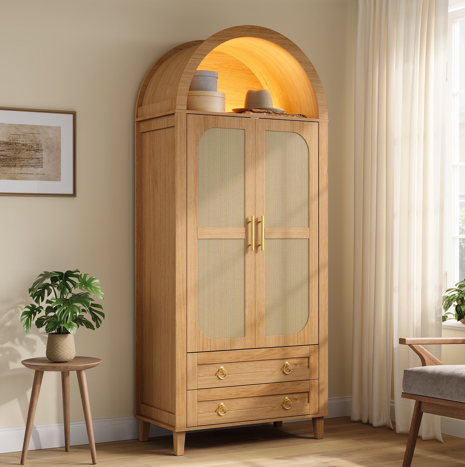 Maisentiel Kledingkast met boognis, ledverlichting en 2 lades - 76 x 50 x 184 cm Naturel