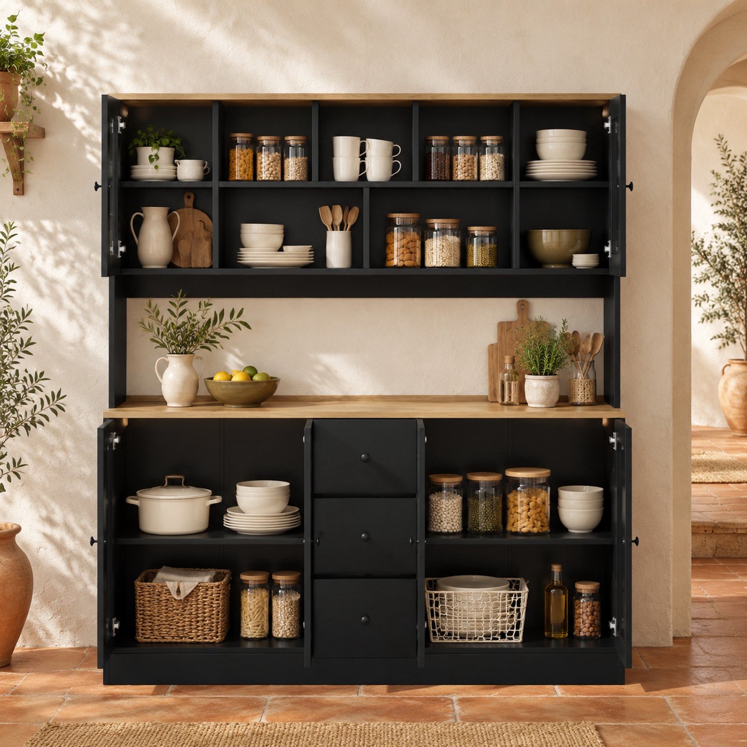 OKWISH Keukenkast - Hoge Opbergkast Met RGB Ledverlichting En Stopcontact - 6 Acryldeurtjes En 3 Lades - 150 x 40 x 173 cm - MDF - Zwart+Naturel Zwart en naturel