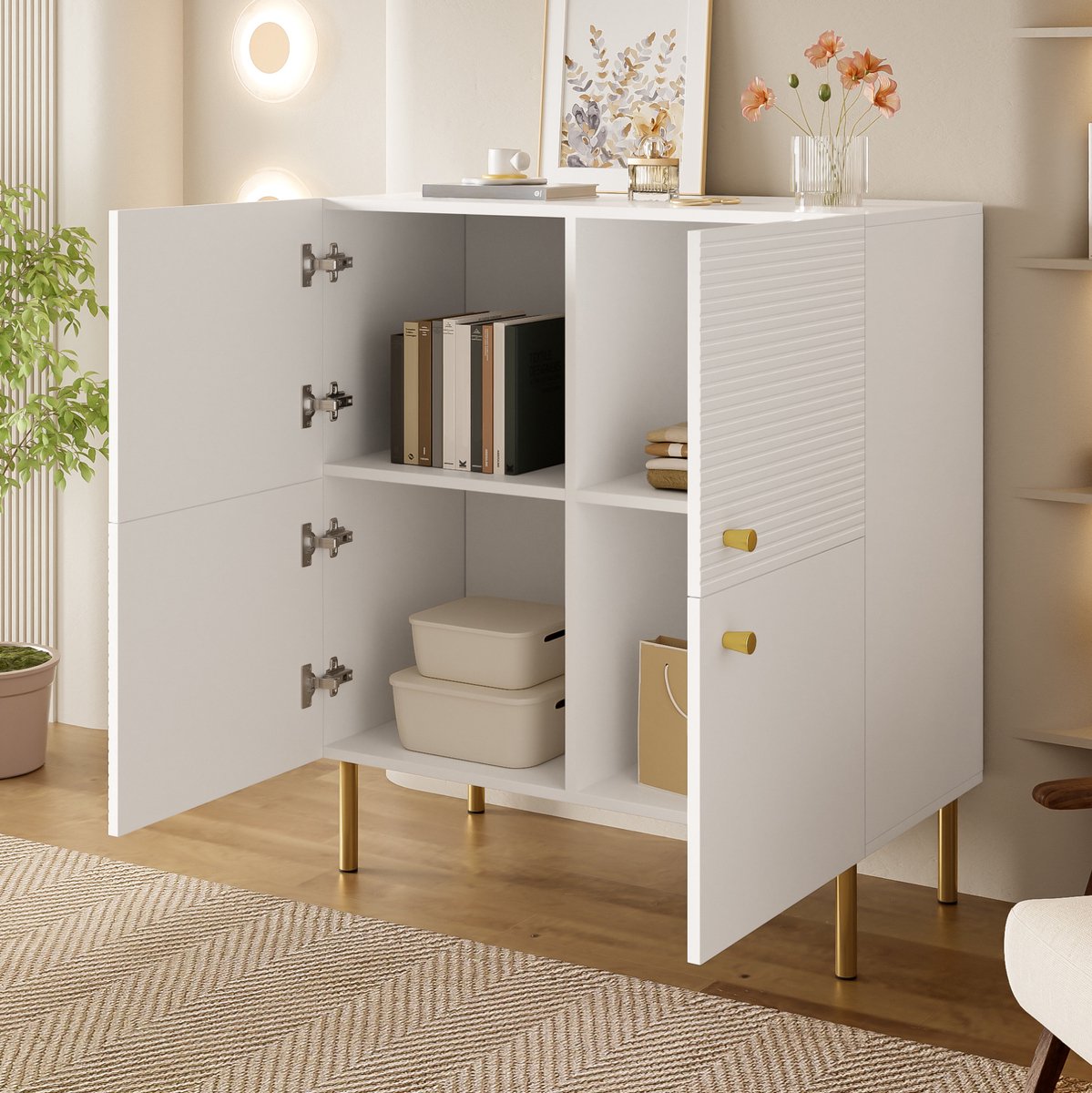 WUVRIE Dressoir 80x36x90 cm - 2 deuren met opbergruimte en stalen poten - Wit