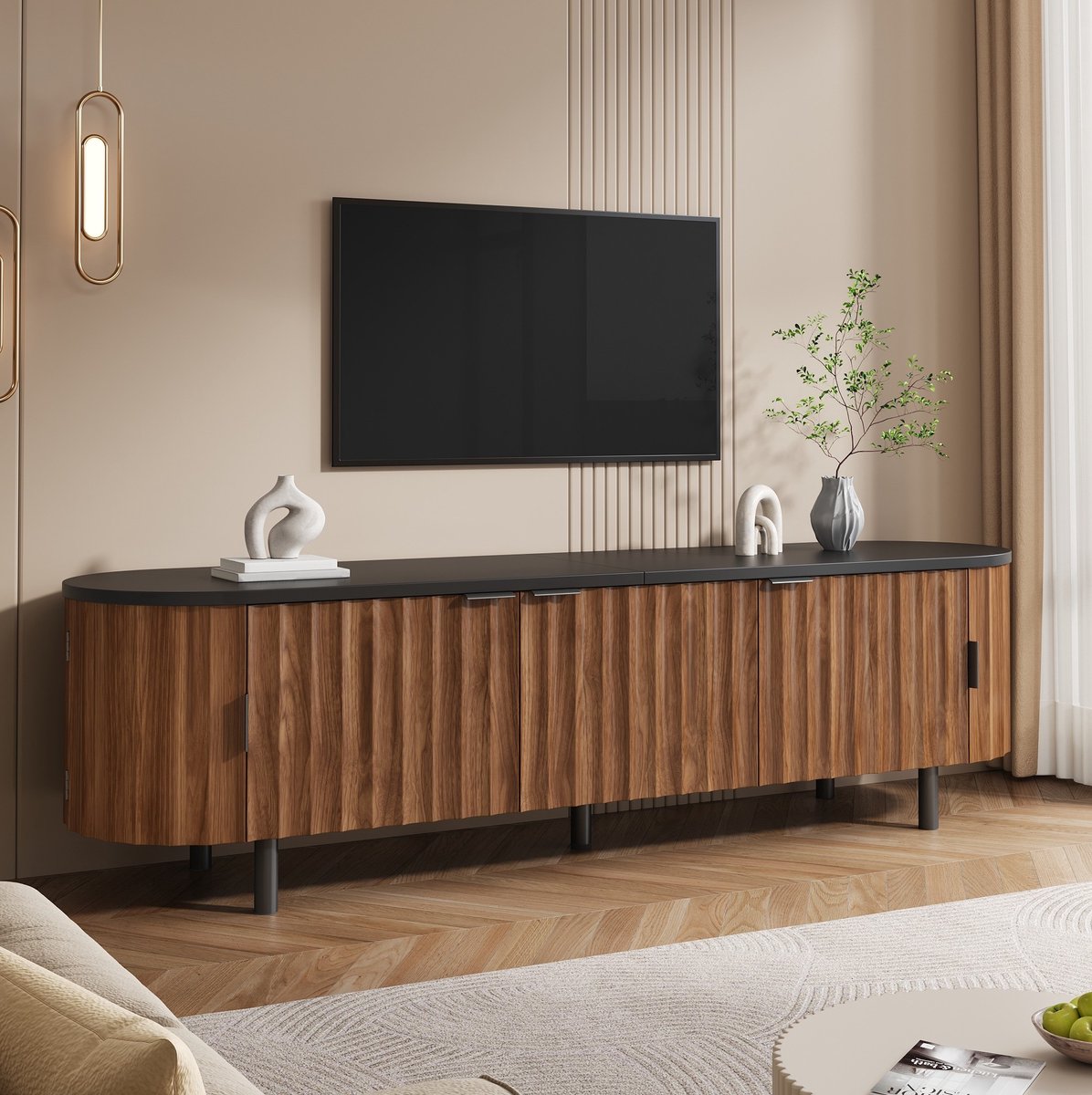 OKWISH TV-Meubel - Vijf Deuren Met Geribbelde Fronten - Woonkamer - MDF Walnoot - 170 x 40 x 47 cm - Afgeronde Zijkanten