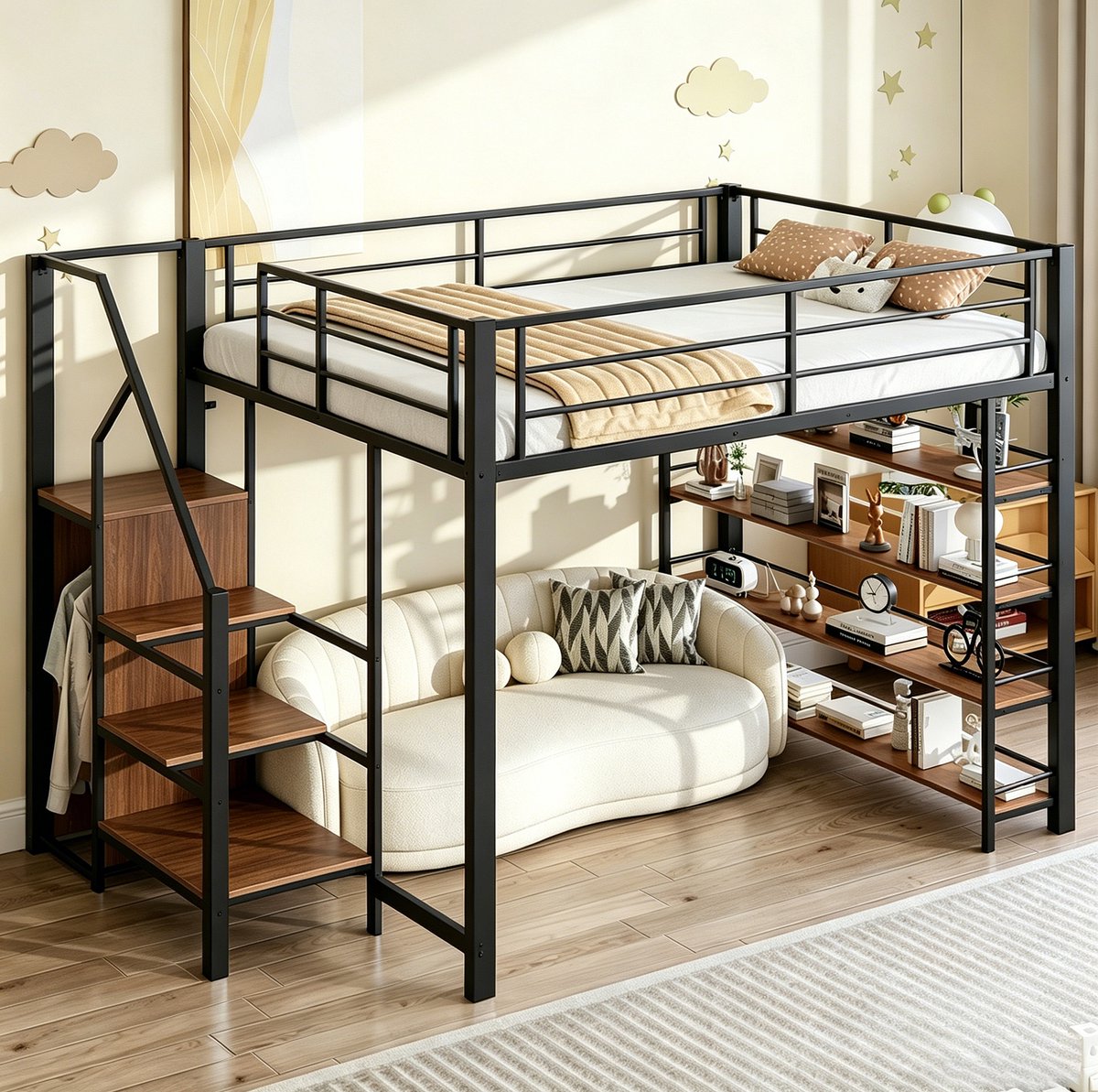 REDOM Hoogslaper - 140 x 200 cm - Opbergruimte - Veiligheidstrap - Hoge omheining - Metalen frame en MDF - Zwart - 255 x 145 x 170,5 cm