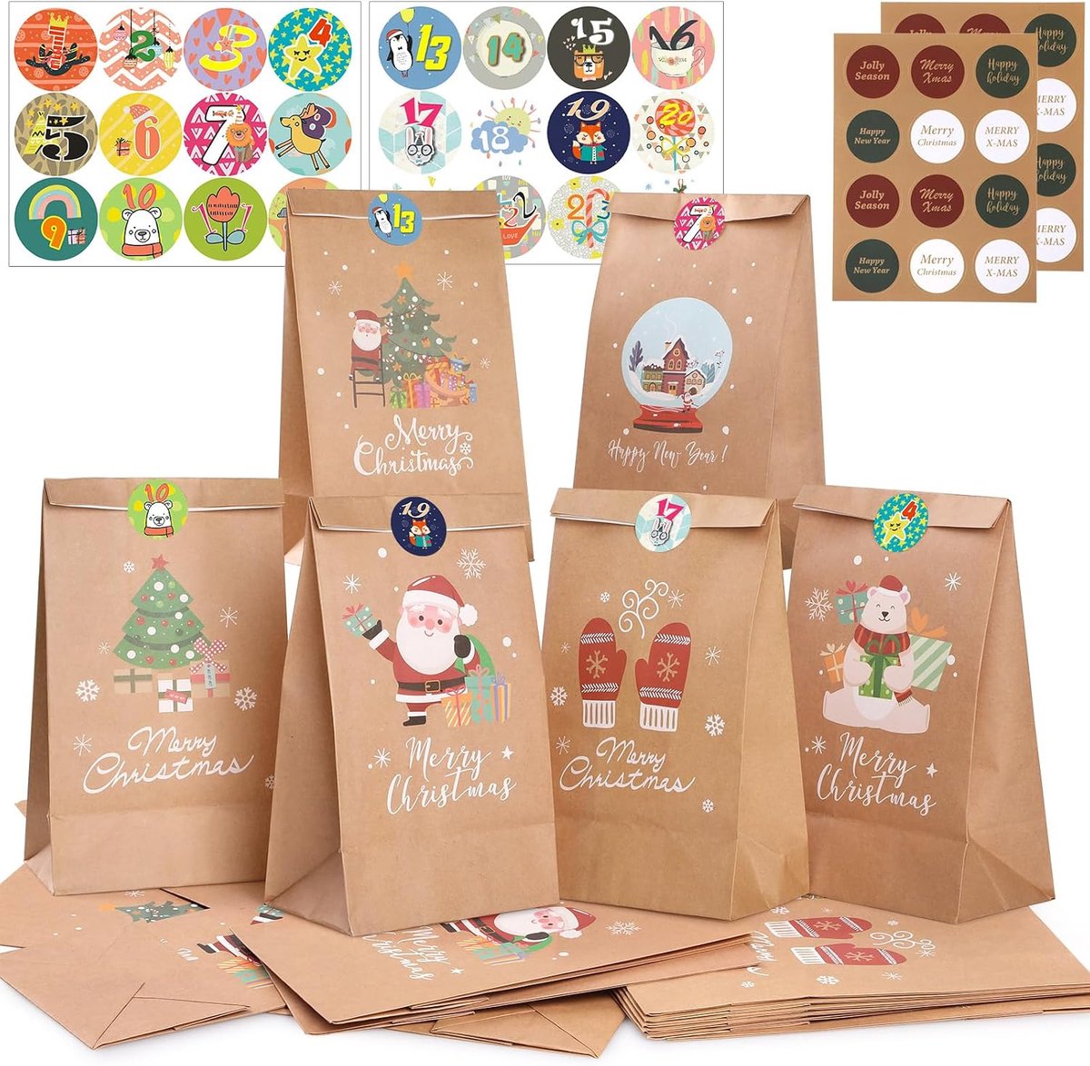 Papieren Kersttassen 24 Pack - Kraftmateriaal - Inclusief Stickers - Perfect voor Cadeaus - ShopVlot