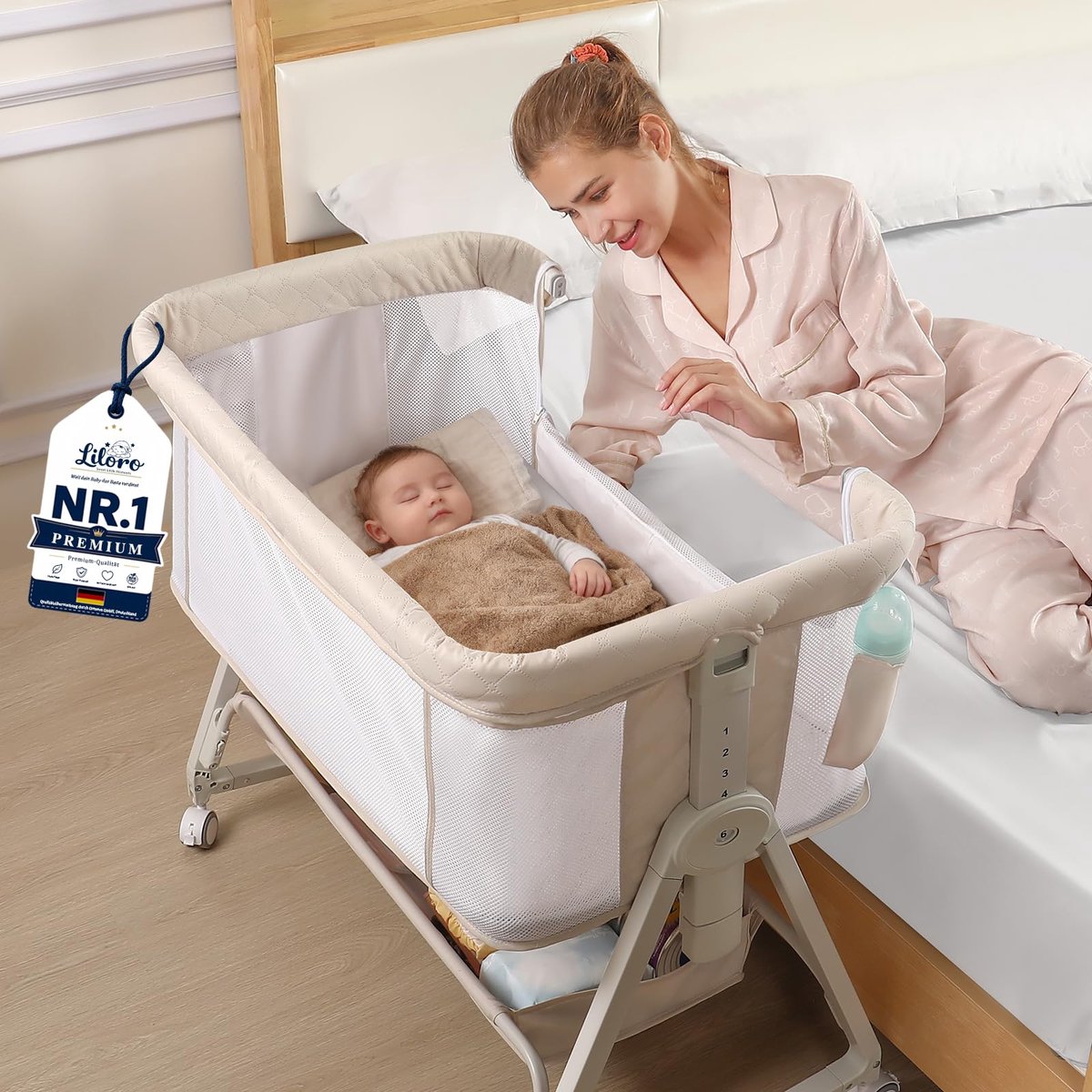 SnelShoppen - Liloro 4-in-1 Baby Co-Sleeper Wieg, 6 Hoogtes Verstelbaar, Draagbare Bedside Crib met Wielen, Ademend Mesh, Beige, 0-12 Maanden