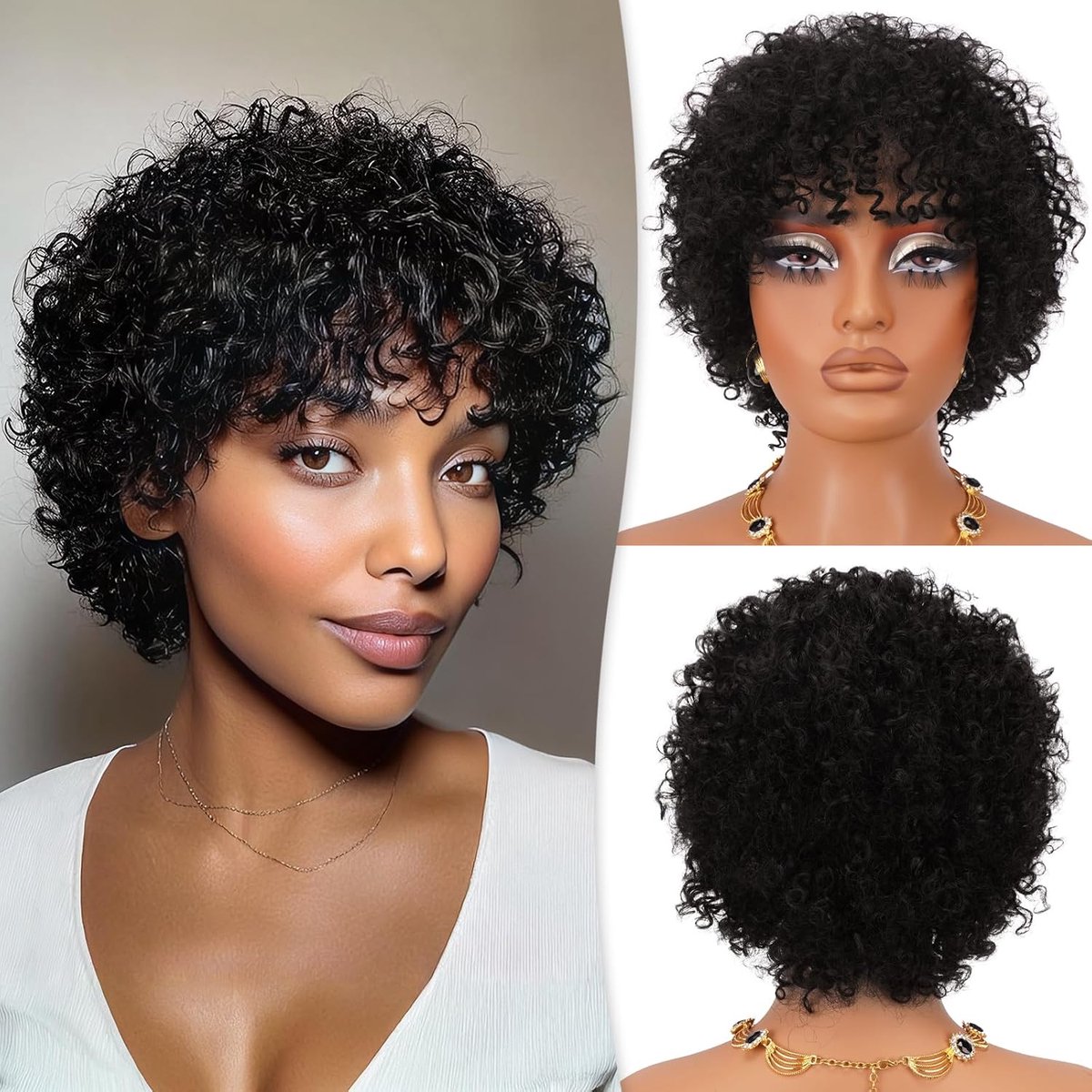 RUWISS Brazilian Kinkycurly Real Hair Wig 10 inch Real Hair Wigs with Bangs for Black Women Without Glue and Direct - ShopVlot