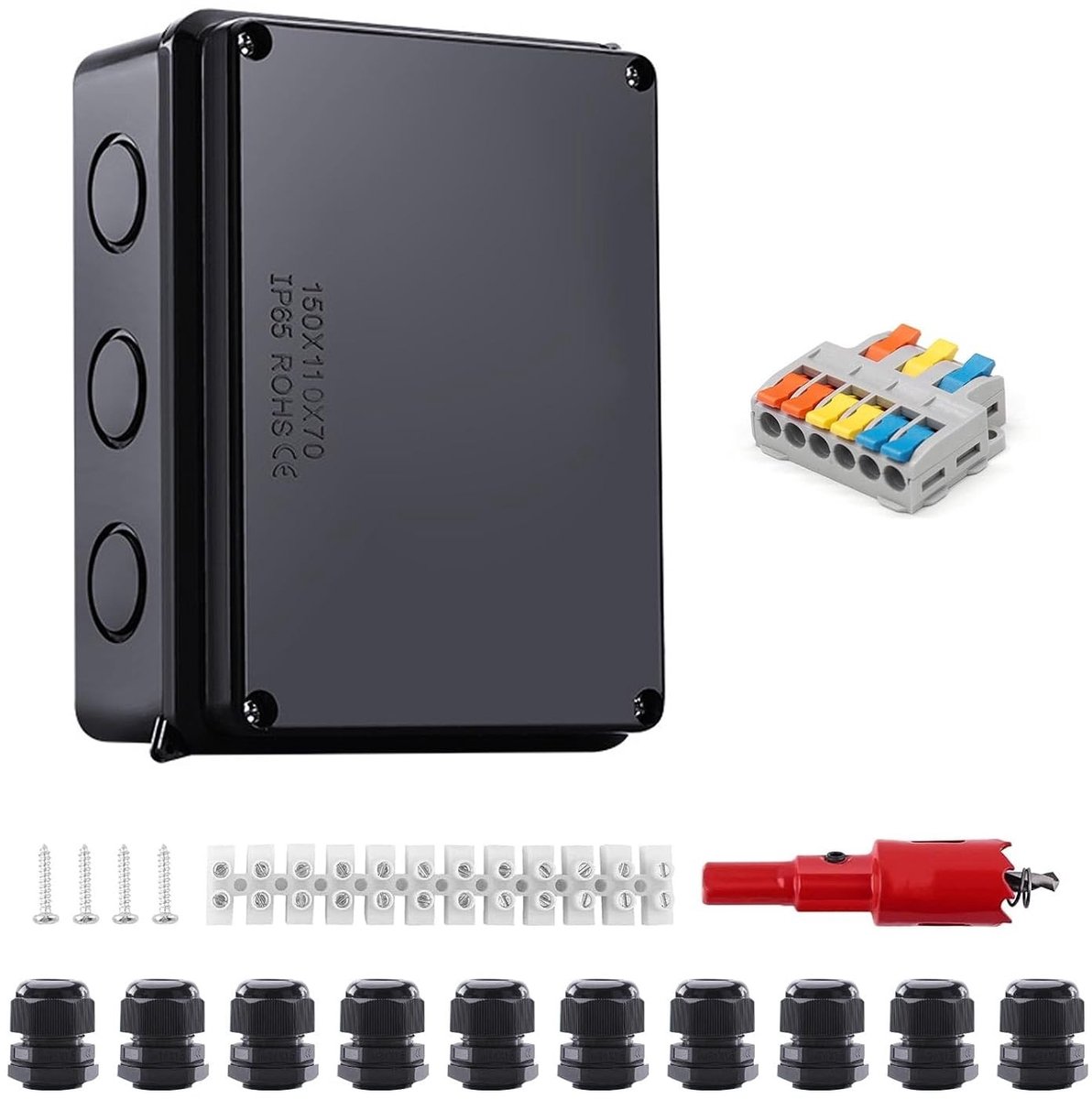 Geïsoleerde aansluitdoos 150 x 110 x 70 mm, zwart IP65, voor kabeldoorvoer Ø 6-12 mm, inclusief montagemateriaal voor kelder en garage
