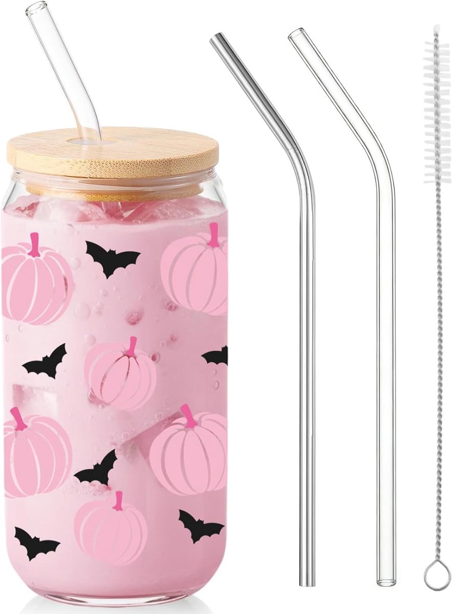 Halloween-beker 500 ml - met deksel en rietje - pompoen en vleermuis - perfect voor feesten - ShopVlot