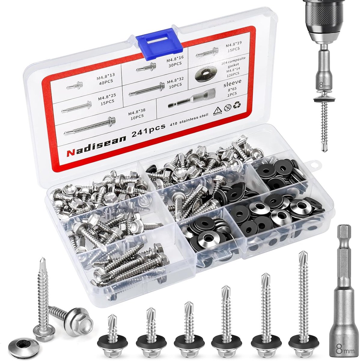 241Pcs Self Tapping Screws Set, 410 Stainless Steel Self Drilling Screw M4.8 * 0.512/0.630/0.748/0.984/1.260/38mm - ShopVlot