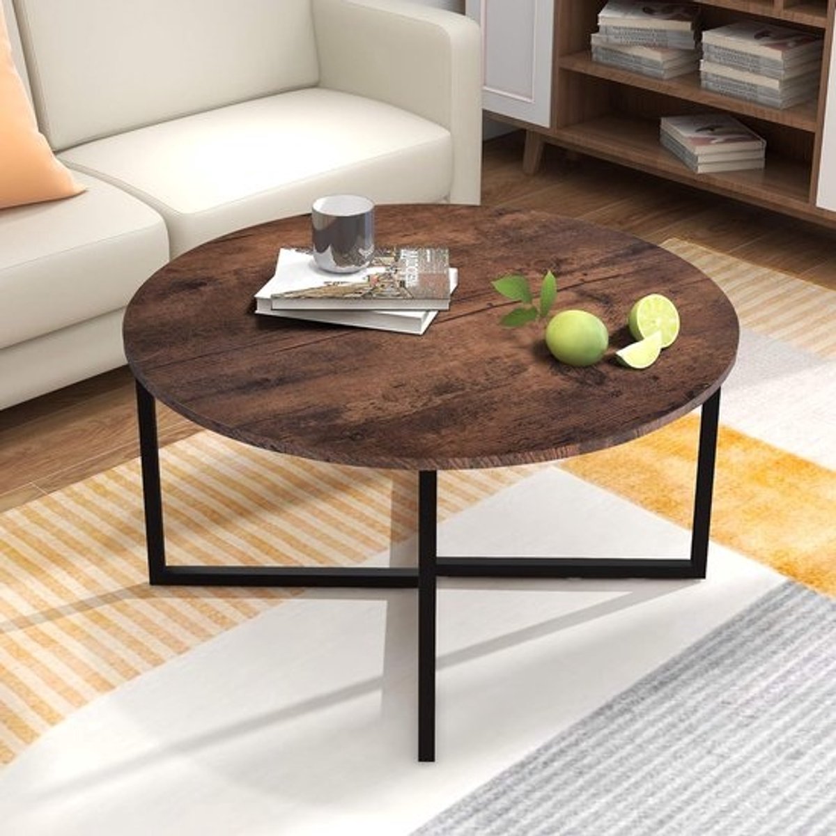 Ronde salontafel - Metalen poten - Zwart en bruin eiken