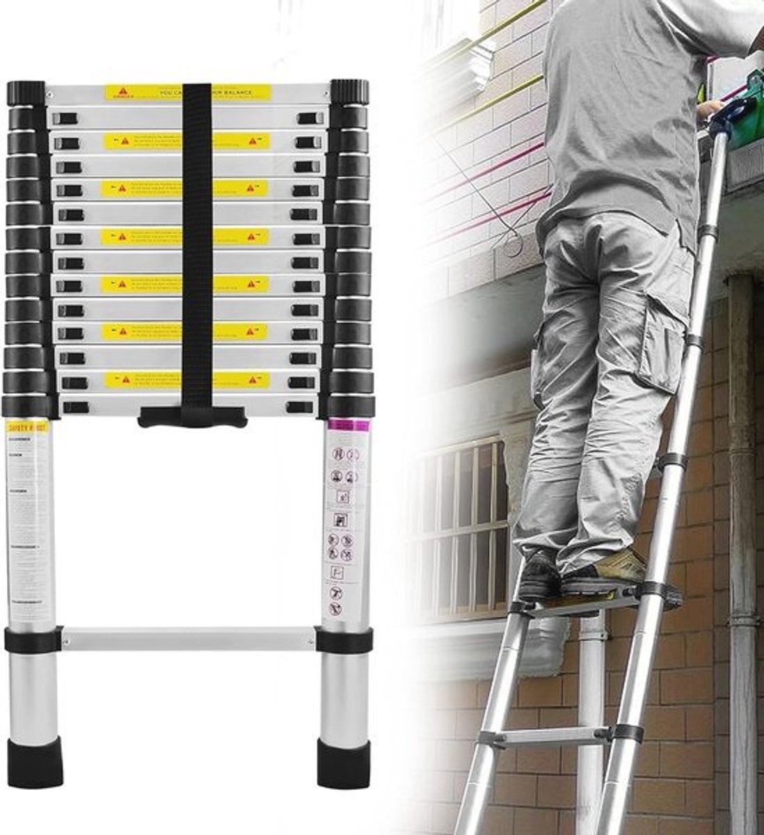 Telescopische ladder - Opvouwbare ladder - Voor klusjes binnenshuis - Lichtgewicht aluminium - 440 cm - Zilver