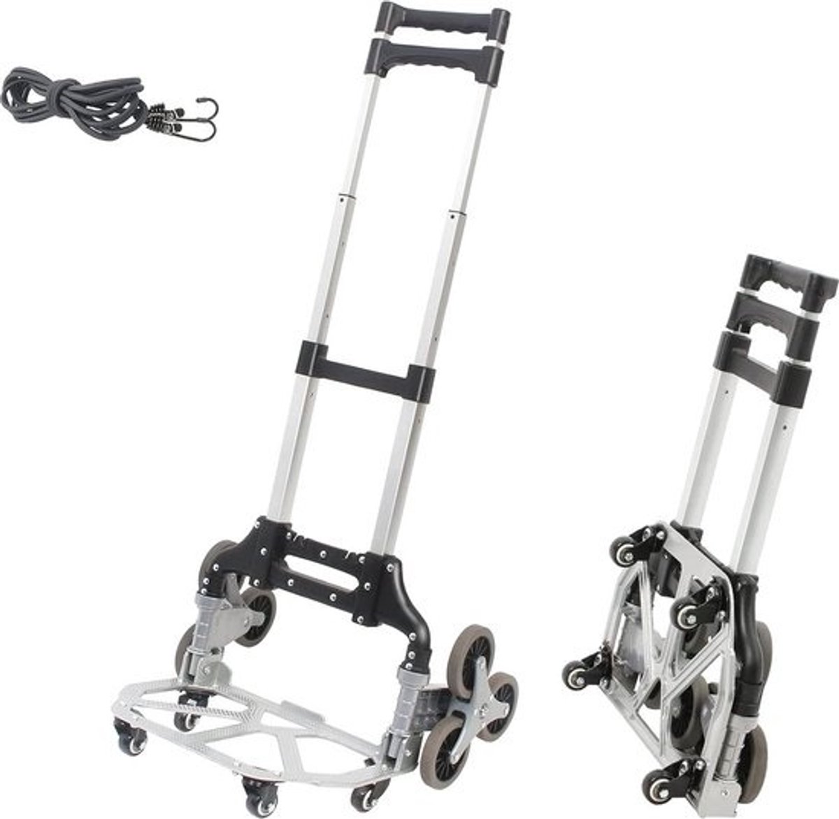 Inklapbare lichte aluminium steekwagen - 10 wielen - Inklapbare transportwagen - Stretchtouwen - Hoogteverstelling - Universele wielen - Plateauwagen met luchtbanden - Draagvermogen 80 kg