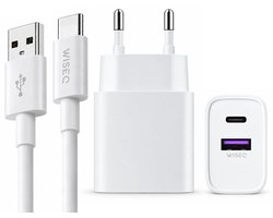 USB en USB C oplader - geschikt voor iPhone 18 / iPhone 17 / iPhone 16 / iPhone 15 - Dubbele adapter snellader met USB naar USB C oplaadkabel 2 meter - wit - WiseQ