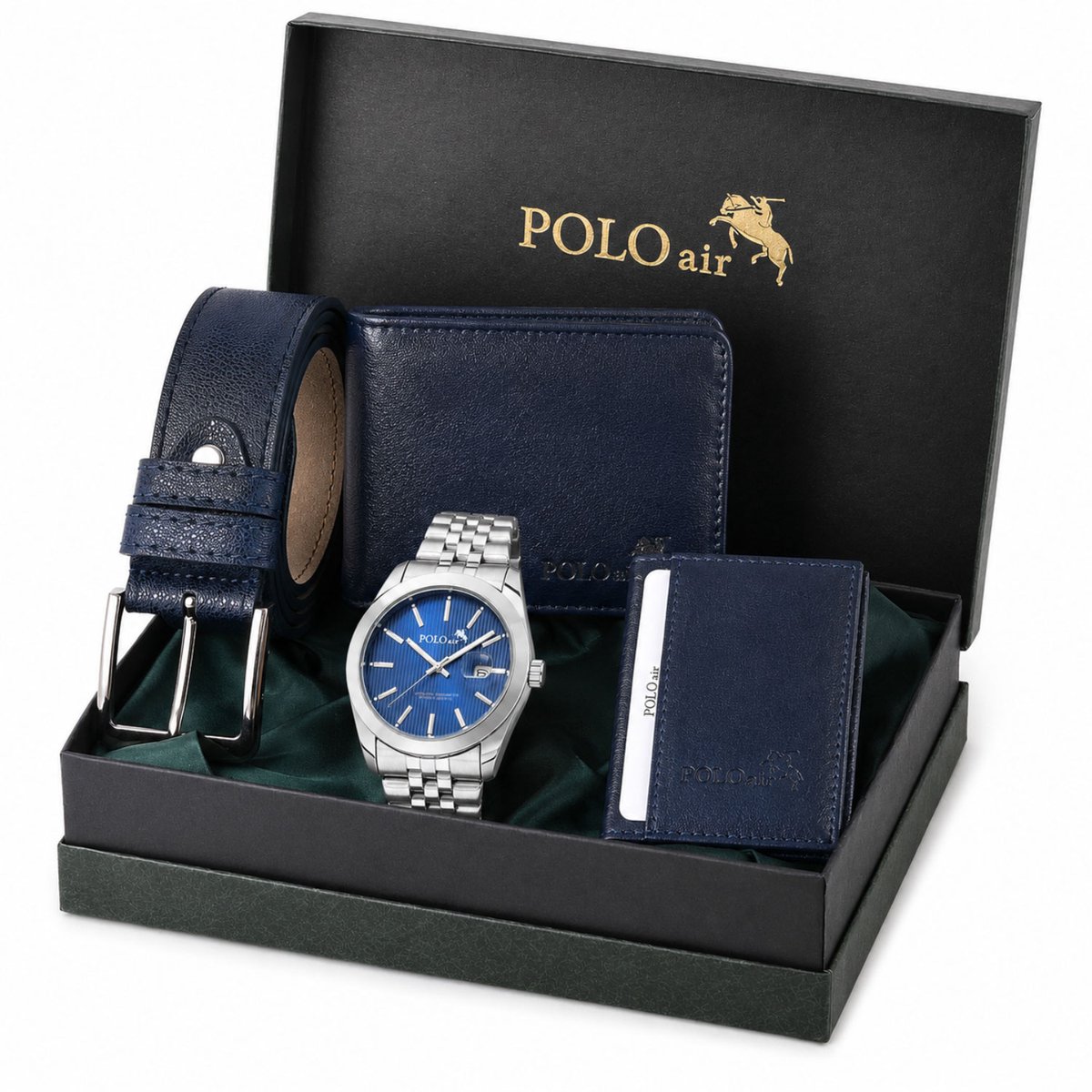 Polo Air Royal - Cadeau voor Hem - Herencadeauset - Sinterklaas Cadeau Man - Kerstcadeau - Valentijnscadeau - Vaderdag - Verjaardag - Abraham Cadeau - Blauw Horloge met Datum, Riem, Portemonnee & Pasjeshouder Saffierblauw Cadeaudoos - Giftset Heren