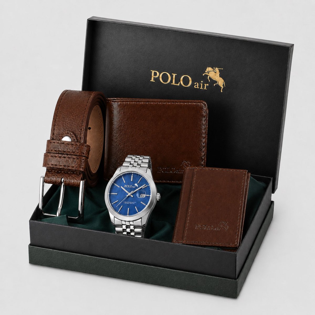 Polo Air Royal Cognac - Vaderdag Cadeau Papa - Cadeauset Heren - Kerstcadeau Man - Kerstpakket Heren - Jubileum Cadeau - Pensioen Cadeau - Cadeau Nieuwe Baan - Blauw Horloge met Datum, Bruine Riem, Portemonnee & Pasjeshouder in Cadeaudoos - Giftset